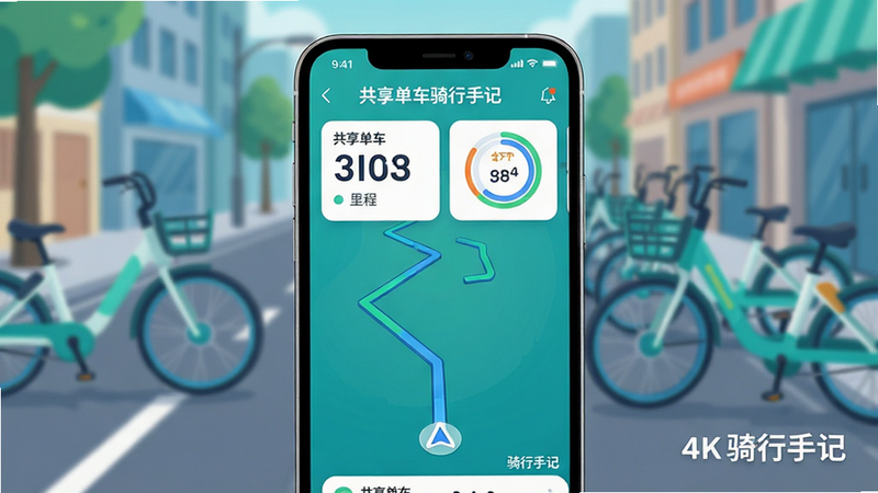 主体:一部正在导航的智能手机屏幕特写,屏幕清晰显示“共享单车骑行手记”APP主界面,界面上有动态的骑行轨迹线条和丰富的里程数据卡片。布局:手机居中,背景为虚化处理的城市街道与共享单车元素,突出APP界面内容。排版:界面UI设计现代简洁,数据区域采用大数字显示,并配有彩色环形进度图。风格:扁平化插画风结合轻微拟物质感,色彩明快,以蓝绿色为主色调。细节:手机屏幕右下角有“骑行手记”字样,背景里隐约可见停放整齐的共享单车。画质:4K高清渲染,画面干净无多余元素,无文字遮挡。