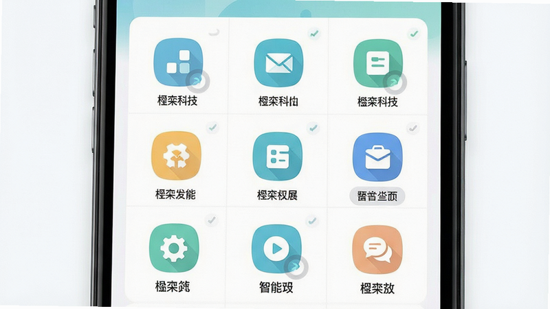 楹栾科技智能聚合功能界面,主体为手机屏幕内展示的九宫格功能图标布局,每个图标下方标注中文名称,布局整齐,风格扁平化,配色清新,细节包含微动效提示与分类标签,画质清晰干净,无多余元素,图片中显示文字“楹栾科技”