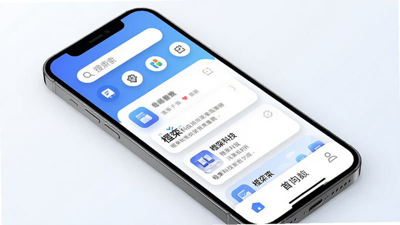 楹栾科技主界面展示,主体为智能手机屏幕内呈现的软件主页面,布局采用上下分区结构,顶部为搜索栏与功能图标排列,中部为卡片式信息流,底部为导航栏,风格简约现代,以蓝白渐变为主色调,细节包含圆角图标与柔和阴影,画质高清干净,无多余元素,图片中显示文字“楹栾科技”