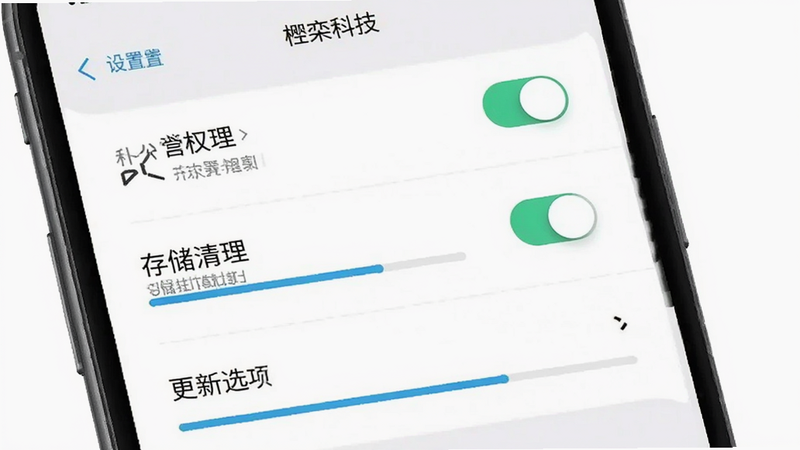 楹栾科技使用教程示意,主体为手机屏幕内展示的设置页面,包含权限管理、存储清理、更新选项等条目,布局为列表样式,风格简洁,细节包含开关按钮与进度条,画质清晰干净,无多余元素,图片中显示文字“楹栾科技”
