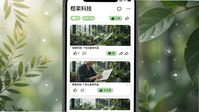 楹栾科技个性化推荐界面,主体为手机屏幕内展示的信息流列表,包含图文卡片与标签按钮,布局为单列瀑布流,风格清新自然,细节包含点赞与分享图标,画质高清,无多余元素,图片中显示文字“楹栾科技”