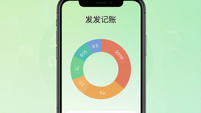 发发记账主界面展示,手机屏幕中央显示清晰的收支分类圆环图表,背景为淡绿色渐变,页面顶部有“发发记账”品牌字样,整体风格简洁明亮,扁平化设计,UI元素干净,高画质,无多余装饰