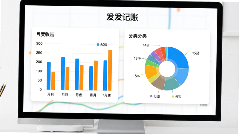 发发记账报表页面预览,展示月度收支柱状图与分类饼图,图表色彩鲜艳,背景为白色,卡片式布局,顶部有“发发记账”文字标识,现代简约风格,画质高清,无多余元素