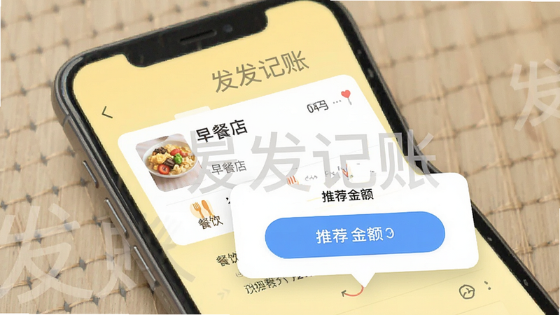 发发记账智能分类功能截图,手机界面展示一笔“早餐店”消费记录,系统自动识别为“餐饮”类别并弹出推荐金额按钮,背景为浅黄色,界面有“发发记账”水印,扁平化风格,细节丰富,画质清晰