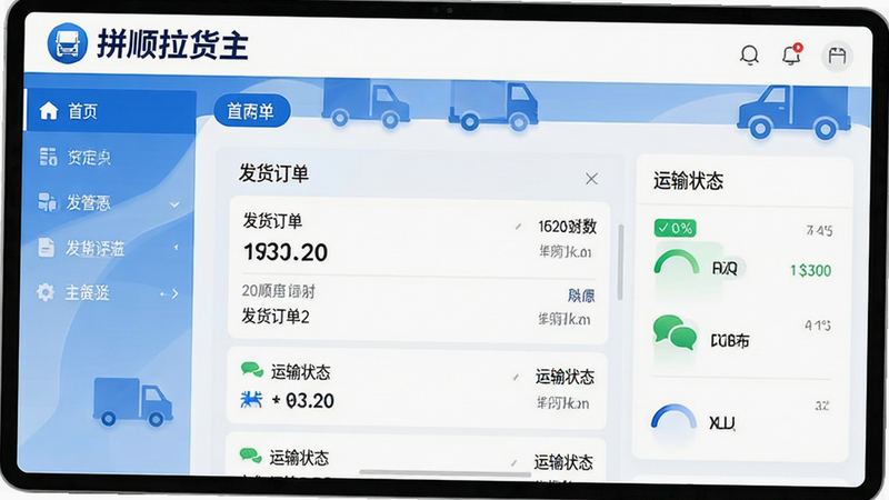 一张展示拼顺拉货主软件主界面的高清截图,界面包含醒目的“拼顺拉货主”Logo、简洁的导航栏、发货订单列表、运输状态图标,整体风格现代简约,以蓝色和白色为主色调,布局清晰,画质干净,无多余元素