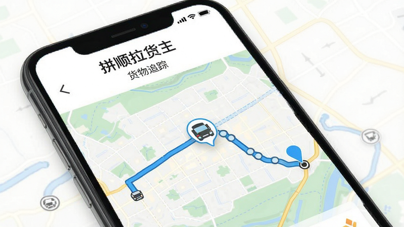 一张展示拼顺拉货主货物追踪功能的手机界面,地图上显示一条从起点到终点的蓝色路线,中间有车辆图标和轨迹点,顶部显示“拼顺拉货主”和“货物追踪”字样,界面清晰,画质干净