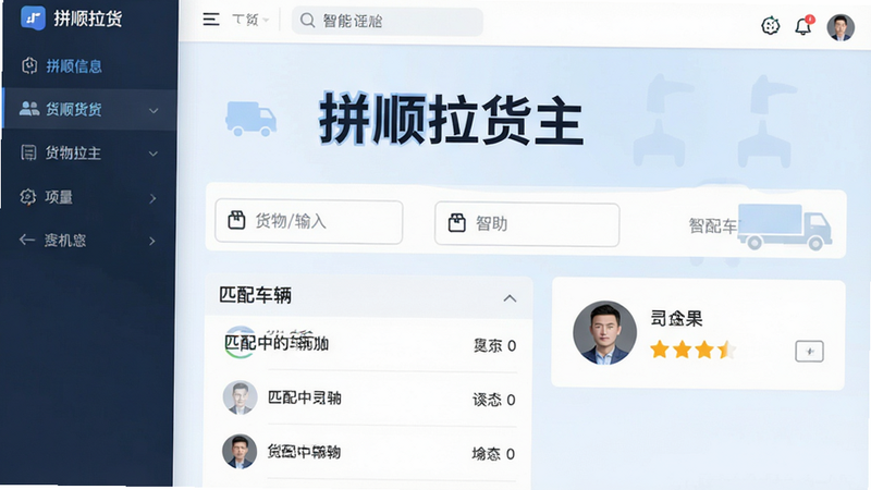 一张展示拼顺拉货主智能匹配功能的界面截图,界面中央显示“拼顺拉货主”字样,下方有货物信息输入框、匹配中的车辆列表、司机头像和评分,背景为淡蓝色,画质干净,无多余元素