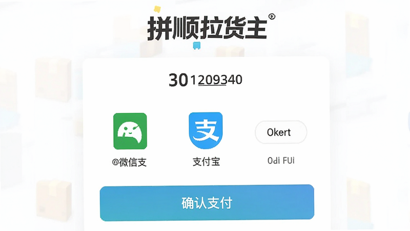 一张展示拼顺拉货主支付页面的界面,页面包含订单金额、支付方式图标(微信支付、支付宝)、确认支付按钮,背景简洁,突出“拼顺拉货主”品牌标识,画质干净,无多余元素