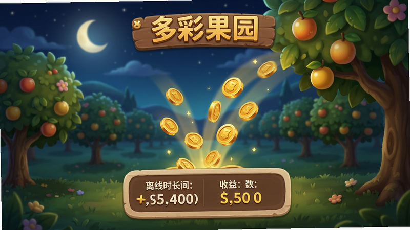 游戏离线收益提示界面,主体是“多彩果园”的金币收集动画,金币从果树上飞出汇聚到屏幕中央,显示离线时长和收益数量,背景是宁静的果园夜景,布局简洁,风格温馨,细节丰富,画质高清,干净无多余元素