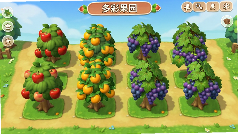 游戏内果园全景截图,主体是“多彩果园”的种植界面,展示了不同成熟阶段的水果树木,有红苹果、黄橙子、紫葡萄等,布局错落有致,界面UI简洁,风格明亮清新,细节精致,画质清晰,干净无多余元素