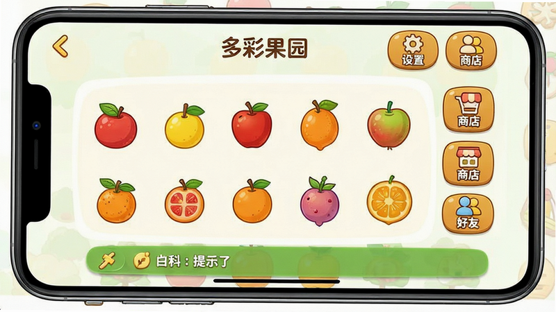 一张手机截图,主体是“多彩果园”的果园管理界面,屏幕上显示多种水果和工具栏,有“设置”“商店”“好友”等按钮,下方有提示条,画面干净,布局清晰,风格卡通,细节丰富,画质高清,无多余元素