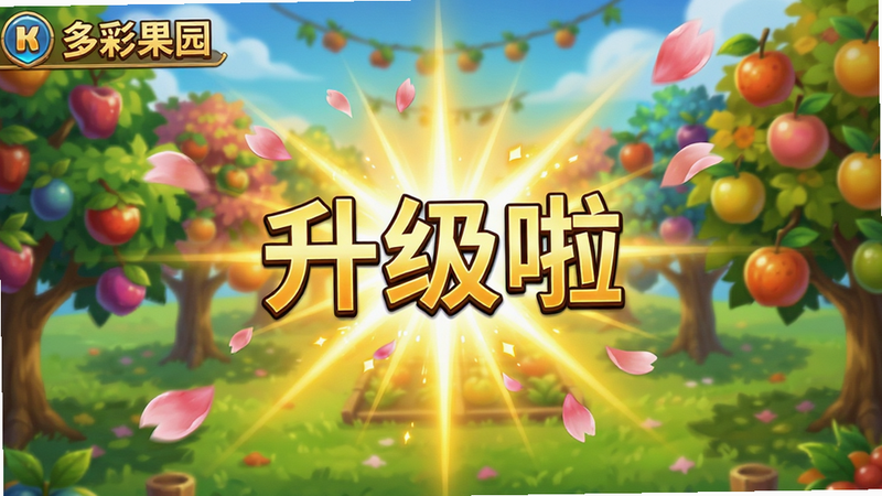 游戏内升级特效截图,主体是“多彩果园”升级瞬间,屏幕中央有“升级啦”文字,周围有金色光芒和飘落的花瓣,背景是色彩斑斓的果园,布局动感,风格华丽,细节丰富,画质清晰,干净无多余元素