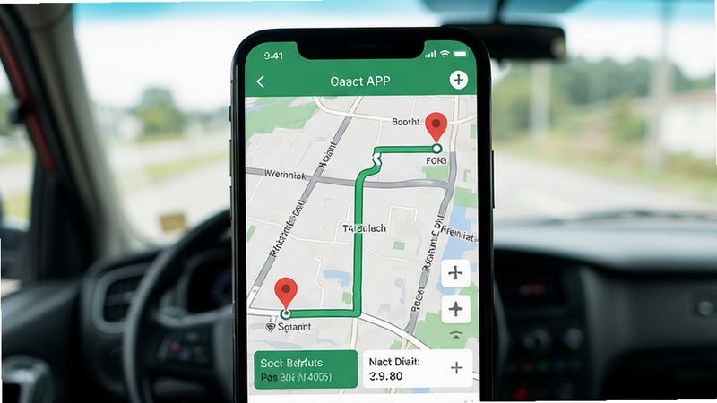 ����Ϊ�����ֻ���Ļ��д����Ļ����ʾ�ͻ��˻�˾��APP��·�߹滮���棬��ɫ·�߹ᴩ��ͼ��������յ��к�ɫ��ǡ�����Ϊ�ֻ����У������黯�ļ�ʻ�һ������Ű�ͻ�����������ȣ����ΪUI�����ͼ���ϸ�ڰ�����ͼ��·���ơ�Ԥ�Ƶ���ʱ��;������ݣ����������ɾ����޶���Ԫ�ء�