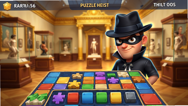 ���壺��Puzzle Heist����Ϸ�����棬һλ���ź�ɫ��ñ�Ŀ�ͨ��͵��ɫվ�ڻ������룬�����ǽ�̻Ի͵Ĳ����չ����ǰ����ɫ�����޵ķ����������̡����֣���ɫ����ƫ�ң�����ռ�ݻ����°벿�֣�չ�������黯���Ű棺�����࣬������ʾ�ؿ���źͲ������ײ�Ϊ�������������񣺿�ͨ��Ⱦ��ɫ�����죬��ӰЧ��ͻ����ϸ�ڷḻ�����ʣ����壬�ɾ����޶���Ԫ�ء�