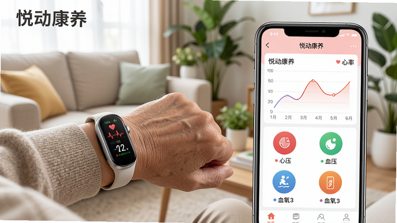 一幅展示悦动康养智能监测功能的场景图,画面左侧是佩戴智能手环的老人,手环屏幕显示心率数值,右侧是手机APP界面,上面以折线图和圆形图标展示心率、血压、血氧数据,背景是温馨的家庭客厅,有沙发和绿植,整体风格写实明亮,构图清晰,画质细腻,无多余元素,图片中带有“悦动康养”文字标识,作为功能预览图