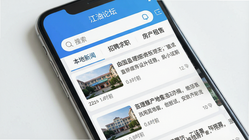 一张展示智能手机屏幕的图片,屏幕中清晰显示“江油论坛”APP的首页界面,界面包含顶部搜索栏、分类导航标签(如“本地新闻”、“招聘求职”、“房产租售”),下方是信息流列表,配有缩略图和时间戳。整体布局简洁现代,风格明亮清新,以蓝色和白色为主色调。画面干净,无多余元素,突出APP的实用性和本地化特点。