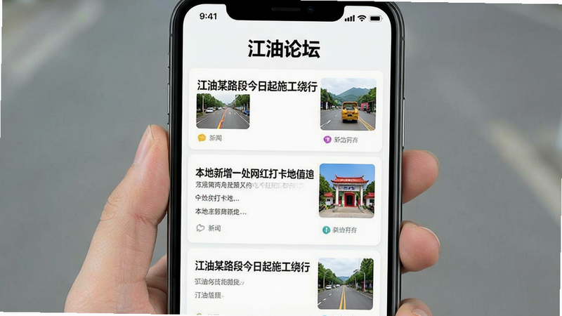 一张新闻资讯类手机应用界面截图,屏幕中央显示“江油论坛”字样,下方为一条条新闻标题和配图,如“江油某路段今日起施工绕行”、“本地新增一处网红打卡地”等,每条新闻配有小图,布局整齐,采用卡片式设计,色彩明快,背景干净,强调信息流的清晰易读。