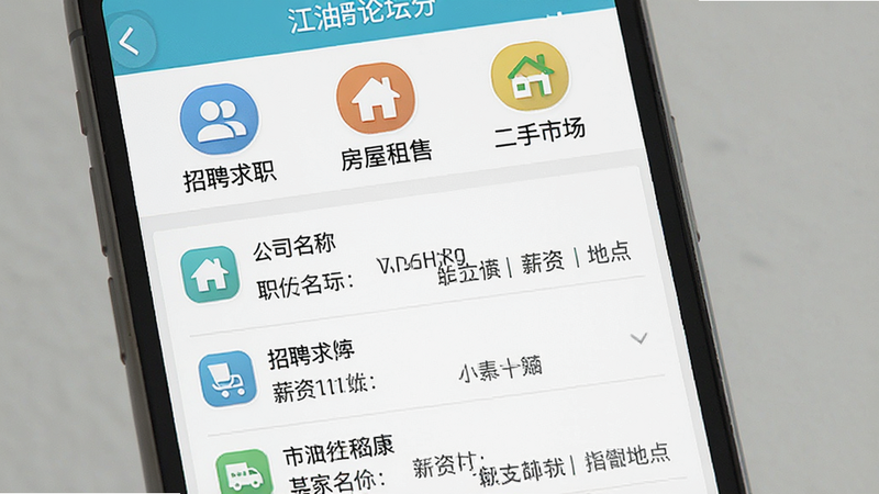 一幅展示江油论坛分类信息板块的图片,手机界面中清晰显示“招聘求职”、“房屋租售”、“二手市场”等图标,点击“招聘求职”后展示多个岗位列表,每个条目包含公司名称、职位、薪资和地点。界面采用列表布局,配有简洁的图标,色彩清新,整体风格实用清晰,无杂乱元素。