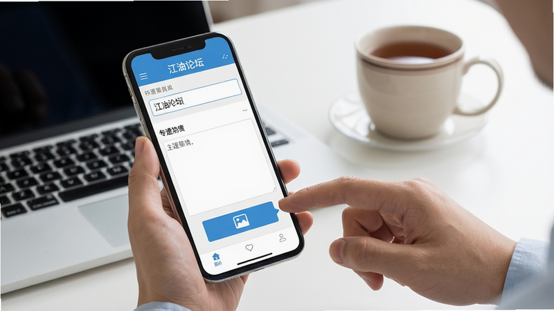 一张描绘用户使用手机操作“江油论坛”APP的场景图,手机屏幕显示帖子发布界面,包含标题输入框、正文编辑区和图片添加按钮。背景为简洁的办公桌,有笔记本电脑和茶杯,整体风格写实,光线明亮,画质清晰,无多余元素。