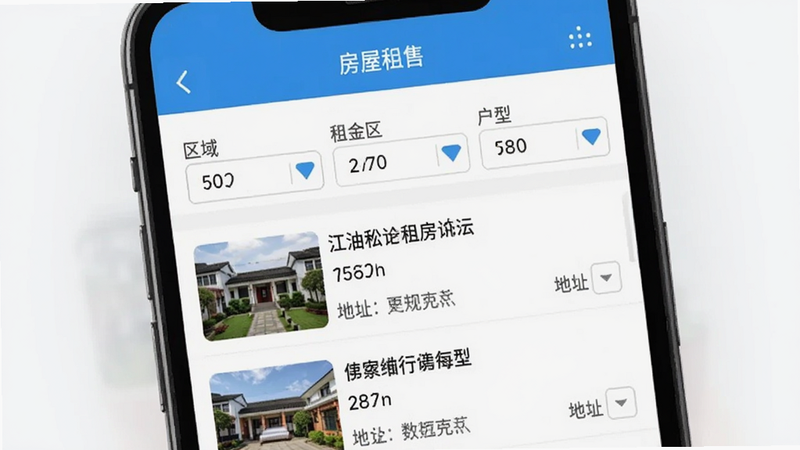 一幅展示江油论坛租房信息筛选界面的图片,手机屏幕上显示“房屋租售”页面,上方有区域选择、租金区间、户型选择等筛选条件,下方为房源列表,每个房源显示缩略图、标题、租金和地址。界面清晰,操作直观,背景干净,突出功能实用性。