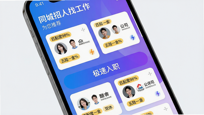 主体:手机屏幕展示“同城招人找工作”的推荐页面,顶部有“为您推荐”标题,下方是多个职位卡片,卡片上带有“匹配度98%”标签,人物头像与公司logo并行排列。布局:卡片瀑布流排列,中间穿插一个“极速入职”按钮。排版:字体清晰,信息层级分明,色彩活泼。风格:现代简洁,蓝紫渐变点缀。细节:推荐理由标签如“五险一金”“双休”等,画面干净,无多余元素。画质:高清,细腻,干净背景。