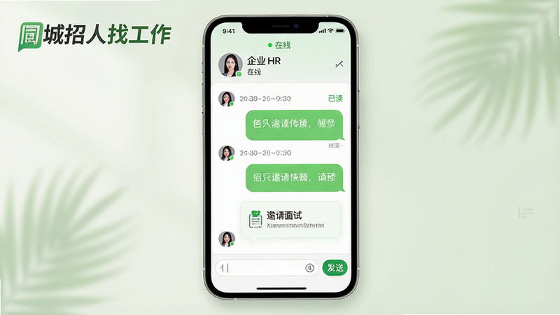 主体:手机聊天界面,顶部显示企业HR头像和名称,对话气泡一来一往,底部有输入框和“发送”按钮,上方有“同城招人找工作”的logo水印。布局:对话居中,气泡圆润,屏幕上方显示对方“在线”状态。排版:聊天内容清晰,时间戳可见,输入框简洁。风格:清新自然,绿色主题色。细节:对方消息显示“已读”,界面可看到“邀请面试”快捷卡片,画面干净,无多余元素。画质:高清,柔和光影,干净背景。