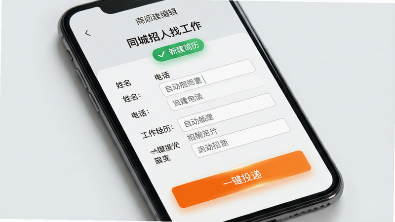 主体:手机屏幕展示“同城招人找工作”的简历编辑页面,上方有“新建简历”标题,下方有姓名、电话、工作经历等表单,底部有“一键投递”橙色按钮。布局:表单居中,按钮醒目,页面有绿色对勾图标。排版:标签与输入框对齐,字体统一。风格:商务简约,浅灰背景。细节:表单自动填充提示,按钮有微光效果,画面干净,无多余元素。画质:高清,细节丰富,干净背景。