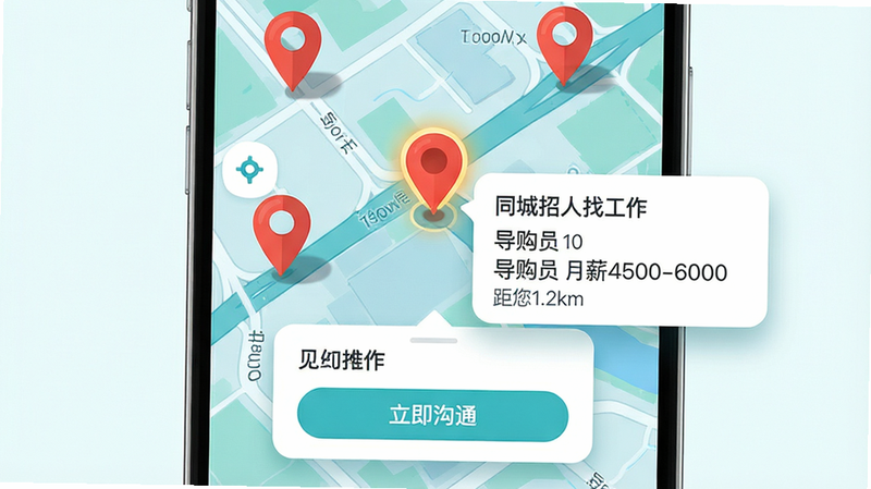 主体:手机地图界面,上面分布着多个红色工作图钉,其中一个图钉高亮显示并弹出“同城招人找工作”职位卡片,卡片上写有“导购员 月薪4500-6000 距您1.2km”。布局:手机居中,地图占据屏幕大部分,卡片悬浮在底部。排版:地图标注清晰,卡片圆角设计,文字简洁。风格:自然写实与扁平结合,色彩明快,蓝绿色调。细节:地图道路清晰,图钉有阴影,卡片有“立即沟通”按钮,画面干净,无多余元素。画质:高清渲染,细节丰富,干净背景。