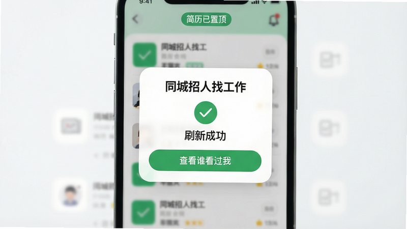 主体:手机屏幕展示“同城招人找工作”的简历刷新成功提示,上面有绿色对勾和“刷新成功”字样,背景是模糊的职位列表。布局:手机居中,提示框弹出,背景虚化。排版:提示框圆角,字体清晰,有“查看谁看过我”按钮。风格:清新,绿色主题。细节:手机顶部有“简历已置顶”标签,画面干净,无多余元素。画质:高清,柔和光线,干净背景。