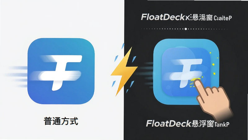 FloatDeck应用启动速度对比图,左侧是普通方式点击应用图标,右侧是FloatDeck悬浮窗点击应用图标,两者之间用闪电符号连接,背景为纯色,布局左右对比,风格扁平化,细节突出速度感,画质清晰干净