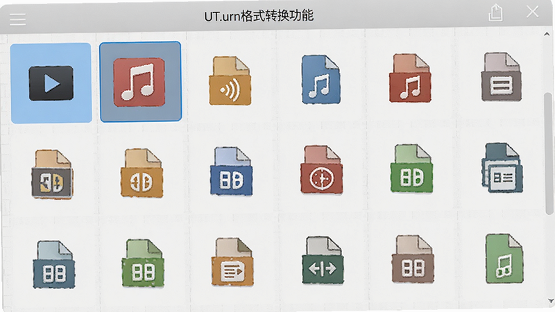 UT.urn格式转换功能界面,屏幕上列出多种文件格式图标,包括视频、音频、文档等,选中状态高亮,背景为浅灰色网格,风格简洁专业,高清画质,无多余元素