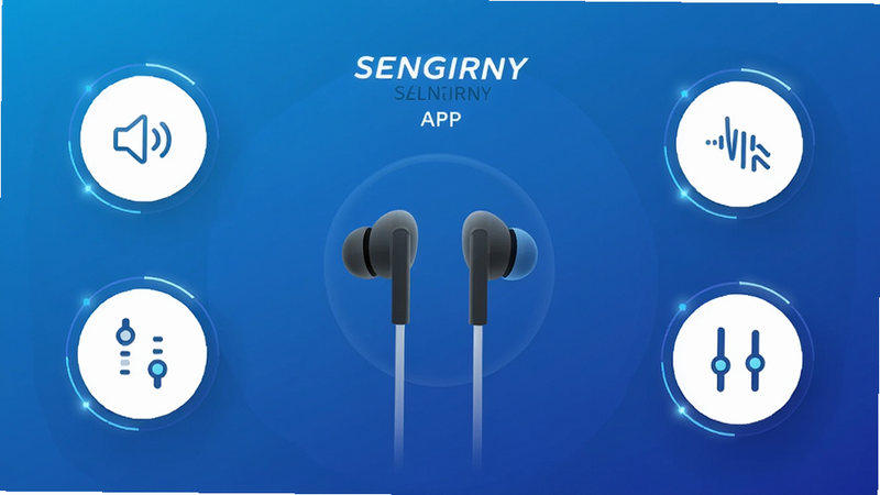 一幅展示SENGIRNY圣吉尼APP主界面的高清渲染图,界面中央是连接成功的耳机图示,背景为渐变的科技蓝,周围环绕着音量、降噪、均衡器等圆形功能图标,布局简洁现代,风格偏向扁平化设计,细节处有微光效,画质细腻干净,无多余元素