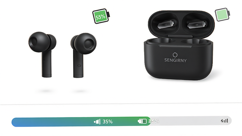 展示SENGIRNY圣吉尼APP设备连接页面的截图,顶部显示耳机和充电仓的3D模型电量图标,下方是连接状态指示条,背景为纯白,配有浅灰色分割线,界面布局清爽,风格写实,细节呈现电池百分比与信号图标,画质干净无多余元素