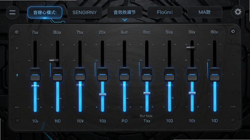 一幅SENGIRNY圣吉尼APP音效调节界面的概念图,中央是模拟的10段均衡器滑块,顶部是音效模式选择标签,背景为深灰色的科技纹理,滑块带有蓝色光晕,风格偏科技感,布局规整,细节丰富,画质清晰无多余元素
