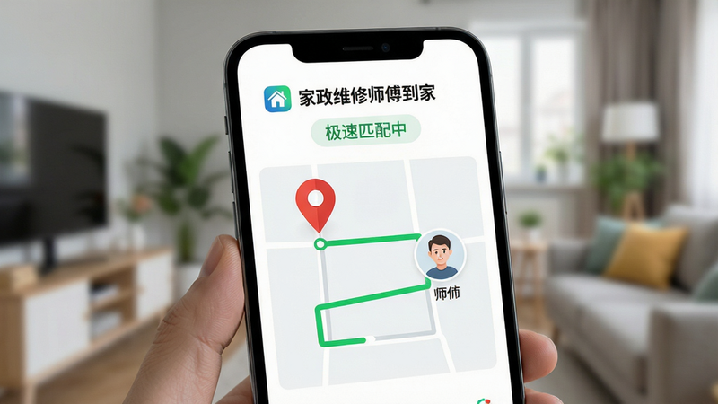 竖版智能手机界面特写,屏幕内显示一个简洁清晰的维修订单地图匹配界面,上面有一个红色定位图钉和一条连接至师傅头像的绿色路线,顶部显示“家政维修师傅到家”品牌标识与“极速匹配中”字样。背景是虚化的日常生活环境,画面主体突出,排版干净,科技感与现代感结合,细节丰富,画质干净,无多余元素。