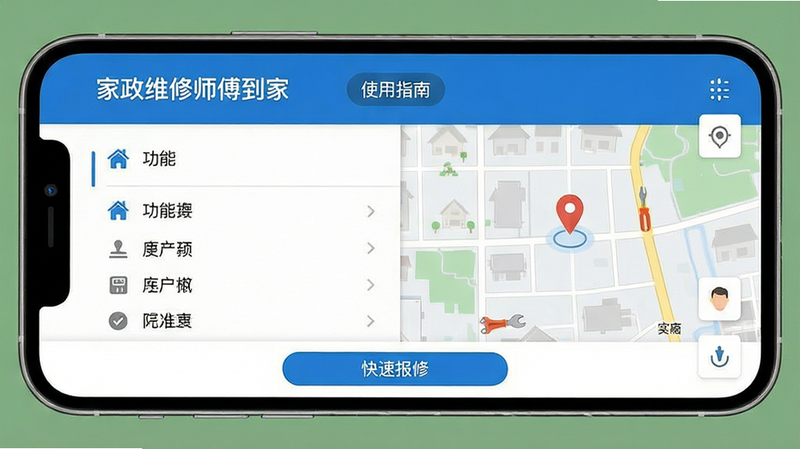一张手机横屏截图风格的图片,画面被分为两半,左侧是清晰的功能列表菜单,右侧是维修师傅实时定位地图。界面设计采用蓝白主色调,顶部显示“家政维修师傅到家”名称和“使用指南”字样,底部有快捷报修按钮,整体风格扁平化,信息层级分明,画质高清,干净无多余元素。