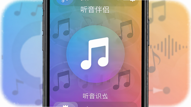 听音伴侣软件主界面预览图,手机屏幕显示听音识曲功能,中央有醒目的音符图标,背景为渐变色,界面简洁现代,风格扁平化,细节丰富,画质高清,干净无多余元素