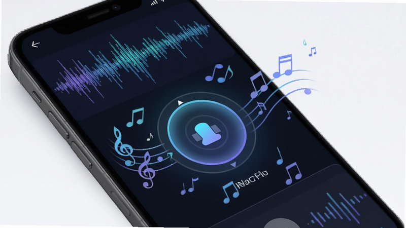 听音伴侣识别歌曲过程截图,手机界面显示识别中动画,周围有音符飘动,背景为声波图谱,风格科技感,高清画质,干净无多余元素