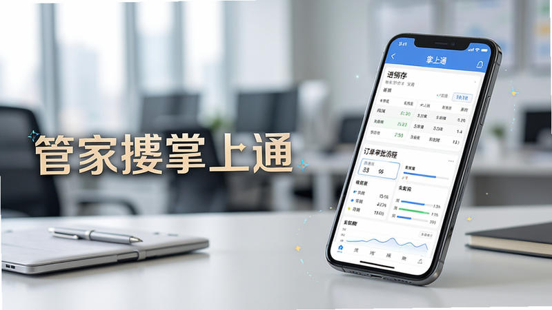 画面主体为一部正在运行管家婆掌上通APP的智能手机,屏幕清晰显示进销存数据看板和订单审批流程,手机斜放在整洁的办公桌上,背景是模糊的商务办公环境,布局采用黄金分割构图,手机位于画面右侧,左侧留白并配有“管家婆掌上通”艺术字标题,整体风格写实明亮,细节丰富,画质高清,干净无多余元素