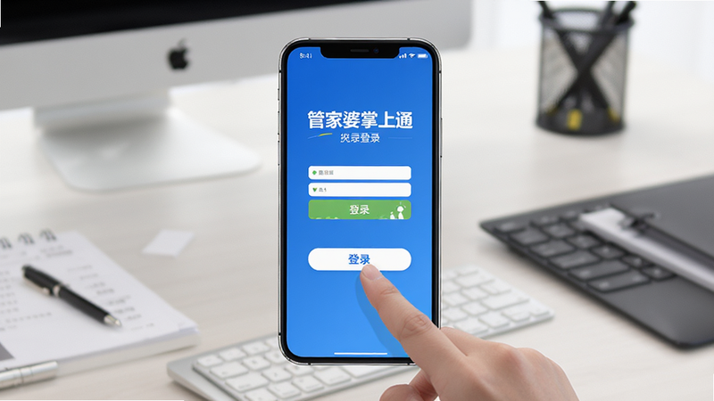 画面主体为手机特写,屏幕显示管家婆掌上通登录界面,手指正在点击“登录”按钮,背景为办公桌面,布局采用中心构图,手机居中,画面干净明亮,细节丰富,画质高清,无多余元素