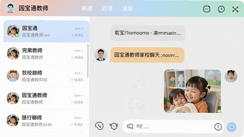 一张展示园宝通教师家校聊天界面的示意图,画面左侧为会话列表,右侧为聊天窗口,包含文字气泡和图片消息,顶部有“园宝通教师”标识,整体风格现代简洁,配色柔和,画质清晰,无多余元素。