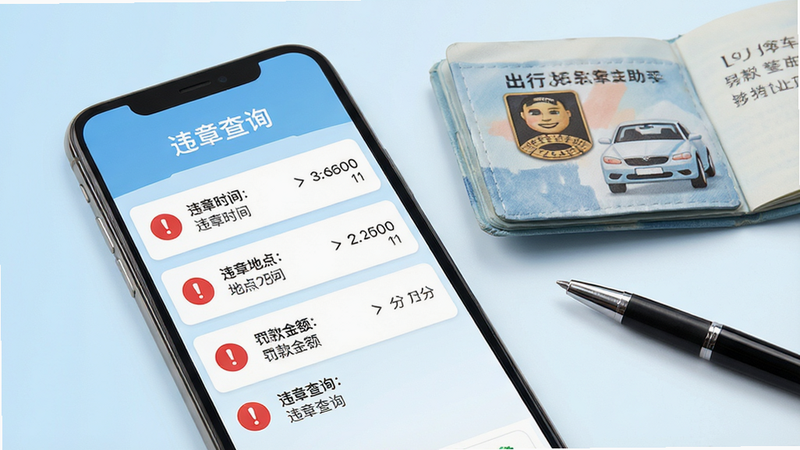 画面主体为一部智能手机屏幕显示“出行好车主助手”违章查询结果页面,页面顶部有“违章查询”标题,下方列表展示违章时间、地点、罚款金额和扣分情况,每条记录左侧有红色感叹号图标,背景为浅蓝色渐变,手机旁边放着一本打开的驾驶证和一支笔,整体布局简洁,排版整齐,风格为清新商务风,细节清晰,画质高清,干净无多余元素,图片中文字显示“出行好车主助手”