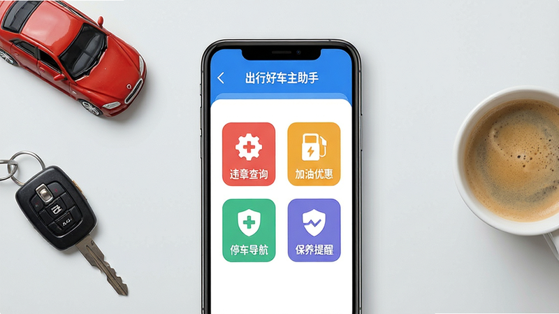 画面主体为一部智能手机屏幕正中央显示“出行好车主助手”APP界面,界面顶部有蓝色导航栏,下方分布着违章查询、加油优惠、停车导航、保养提醒四个彩色图标,手机置于简洁的浅灰色桌面背景上,左侧摆放一把车钥匙和一个小型汽车模型,右侧有一杯咖啡,整体布局平衡,排版清晰,风格为现代扁平化设计,细节丰富,画质高清,干净无多余元素,图片中文字显示“出行好车主助手”