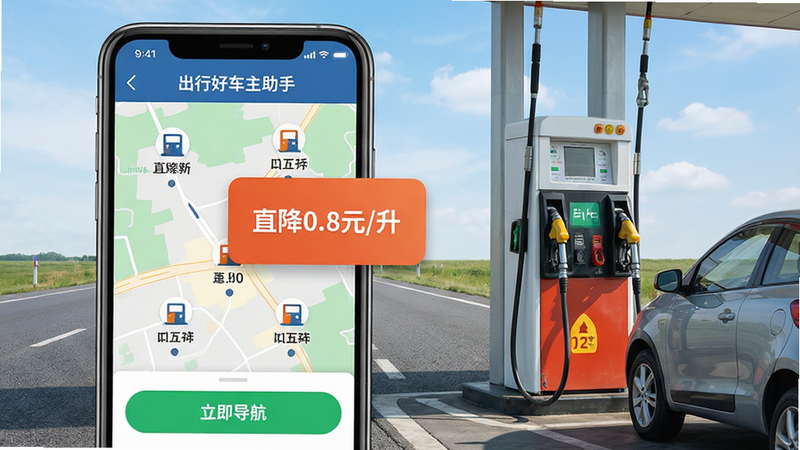 画面主体为一部智能手机屏幕显示“出行好车主助手”加油优惠地图界面,地图上分布着多个加油站图标,其中一个被放大显示优惠信息“直降0.8元/升”,屏幕下方有“立即导航”绿色按钮,手机右侧有一台加油机和一辆小轿车,背景为道路与天空的实景结合,整体布局合理,排版清晰,风格为写实与扁平混搭,细节丰富,画质高清,干净无多余元素,图片中文字显示“出行好车主助手”