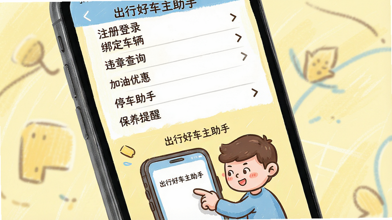 画面主体为一部智能手机屏幕显示“出行好车主助手”使用指南页面,页面分为上下两部分,上半部分为列表式菜单,包含注册登录、绑定车辆、违章查询、加油优惠、停车助手、保养提醒等条目,每个条目右侧有箭头图标,下半部分为一个卡通人物正在点击手机屏幕的示意图,背景为淡黄色,整体布局清晰,排版有序,风格为手绘插画风,细节可爱,画质高清,干净无多余元素,图片中文字显示“出行好车主助手”