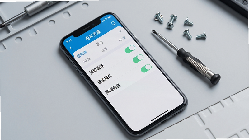 画面主体为一部智能手机平放在桌面上,屏幕显示“电车资源”APP的设置界面,界面上有“清除缓存”、“省流模式”、“高清画质”等多个开关选项。手机旁边放置着一个小型螺丝刀和几颗散落的螺丝,暗示着“维护”和“设置”的概念。背景为极简的浅灰色工作台。布局为俯拍视角,构图稳定。整体风格为写实摄影风,光线均匀,细节锐利,画面干净。