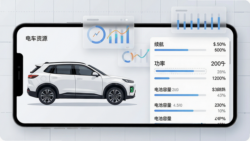 画面主体为“电车资源”APP内的车型参数对比界面,屏幕左侧是一辆白色电动SUV的侧视图,右侧是滚动显示的详细参数列表,包括续航、功率、电池容量等数据。背景为浅灰色科技网格,上方悬浮着几个半透明的数据图表。布局采用左右分栏式,设计感强,排版规整。整体风格为科技感十足的数据可视化扁平插图,细节包含数据条、百分比图形,画面干净清晰,无多余元素。
