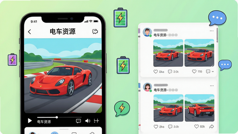 画面主体为手机APP截图拼贴,左侧是“电车资源”的视频播放页面,正在播放一辆红色跑车在赛道上的评测画面;右侧是社区讨论区,显示用户发布的图文帖子,带有点赞和评论图标。背景为柔和的浅绿色渐变,上面漂浮着一些汽车、电池、对话框的小图标。布局为左右对称拼贴,富有设计感。整体风格为活泼的平面插画风,色彩鲜明,细节丰富,画质干净。