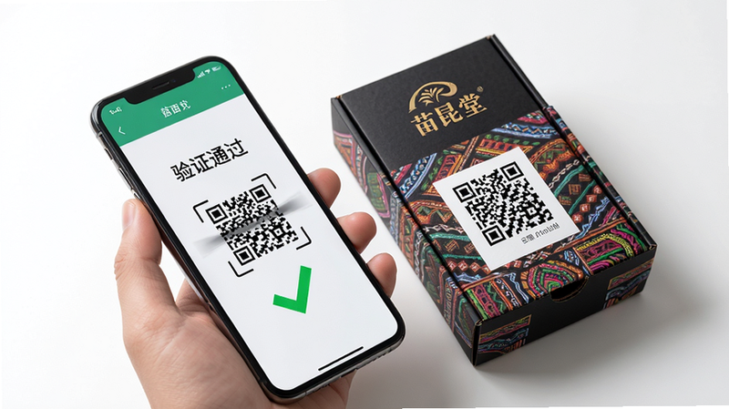 主体:一只手拿着手机扫描一个印有苗族纹样的产品包装盒上的二维码,手机屏幕显示“验证通过”字样。布局:手机和包装盒斜对角放置,背景简洁。排版:手机屏幕上的验证结果页面清晰。风格:写实风格,光线明亮。细节:包装盒上有“苗昆堂”LOGO,手机屏幕上有绿色对勾。画质:高清,干净,无多余元素。