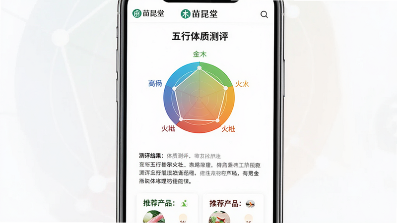 主体:一个手机APP界面截图,显示“五行体质测评”结果页面,页面中有一个五行的圆形图表,分别标注金木水火土。布局:图表居中,下方有详细的文字解读和推荐产品卡片。排版:图表色彩分明,文字排列整齐。风格:现代UI设计风格,色彩清新。细节:界面顶部有“苗昆堂”品牌标识,测评结果以雷达图形式展现。画质:高清,干净,无多余元素。